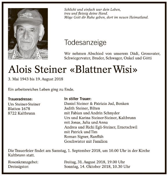 Alois Steiner - Nachruf